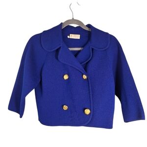 Vintage 50s 60s 100% Wool Double Breasted Crop Cardigan Sweater Size Medium Blue